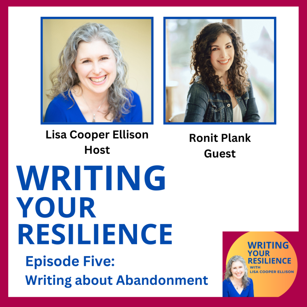 photo of middle aged white woman with silver hair in a blue dress and a middle aged Jewish woman with long dark curly hair in a jean jacket and white top along with the words Writing about Abandonment