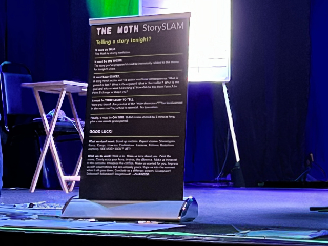 Photo of an empty stage at The Moth to illustrate beginner's mind.